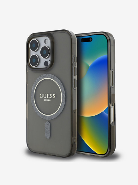 Guess Guess IML Glitter Ring MagSafe hrbtni ovitek za iPhone 16 Pro črn