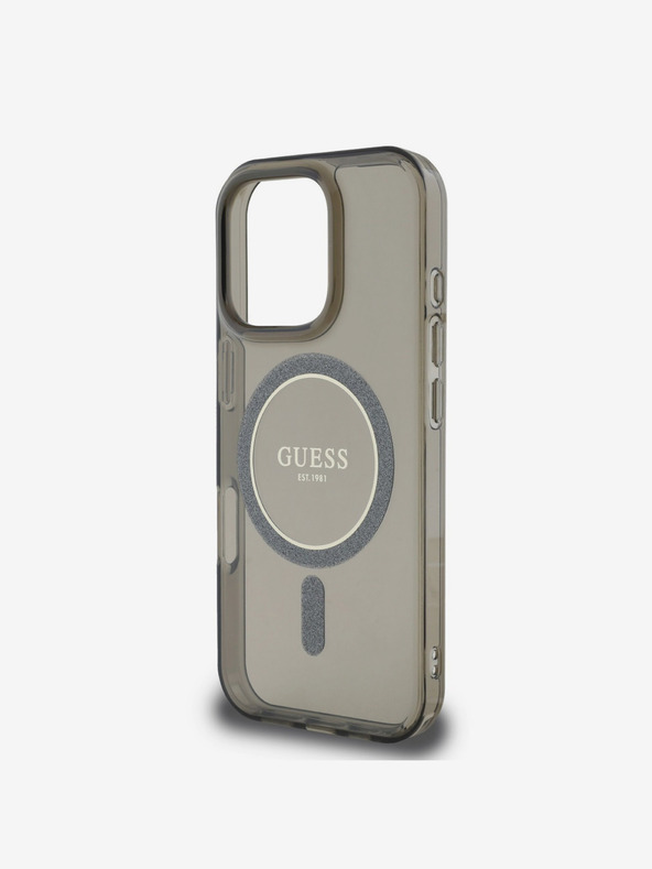 Guess Guess IML Glitter Ring MagSafe hrbtni ovitek za iPhone 16 Pro črn