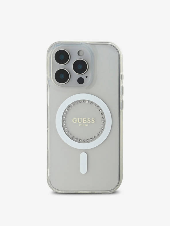 Guess Guess IML Prstan s kamenčki MagSafe hrbtni ovitek za iPhone 16 Pro Max White