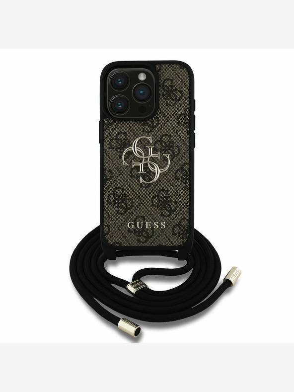 Guess Guess PU PU 4G Kovinski logotip Crossbody Strap hrbtni ovitek za iPhone 15 Pro Max Brown