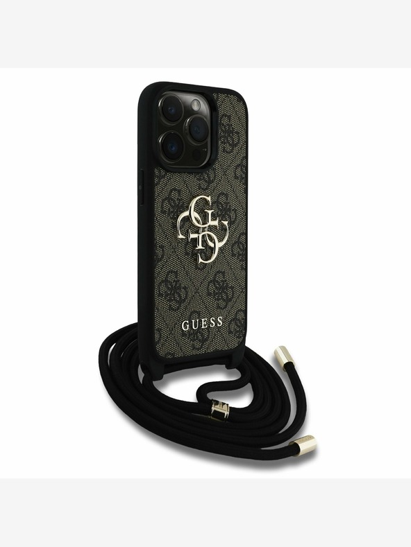 Guess Guess PU PU 4G Kovinski logotip Crossbody Strap hrbtni ovitek za iPhone 15 Pro Max Brown