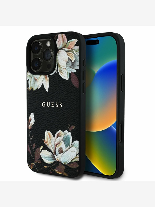 Guess Guess PU Grained Magnolia MagSafe hrbtni ovitek za iPhone 16 Pro črn