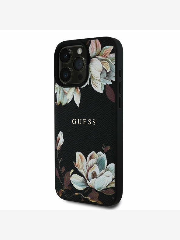 Guess Guess PU Grained Magnolia MagSafe hrbtni ovitek za iPhone 16 Pro črn