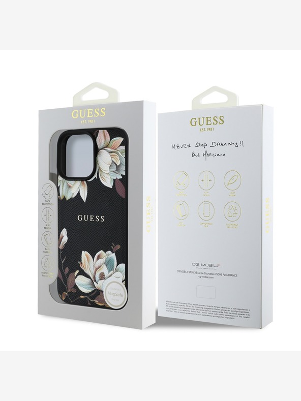 Guess Guess PU Grained Magnolia MagSafe hrbtni ovitek za iPhone 16 Pro črn