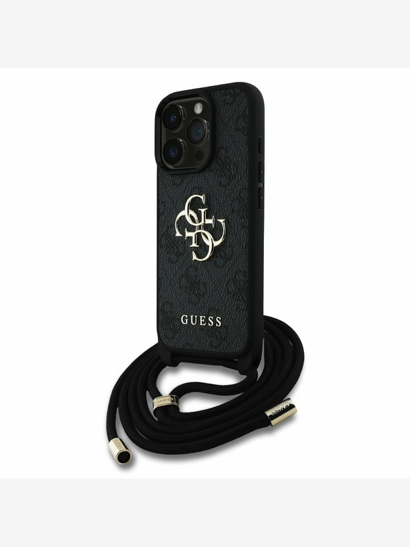 Guess Guess PU 4G kovinski logotip Crossbody Strap hrbtni ovitek za iPhone 16 Pro črn