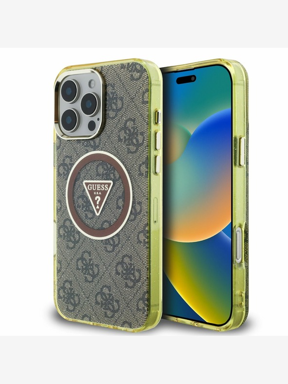 Guess Guess IML 4G Glitter in Triangle Logo MagSafe hrbtni ovitek za iPhone 16 Pro Brown