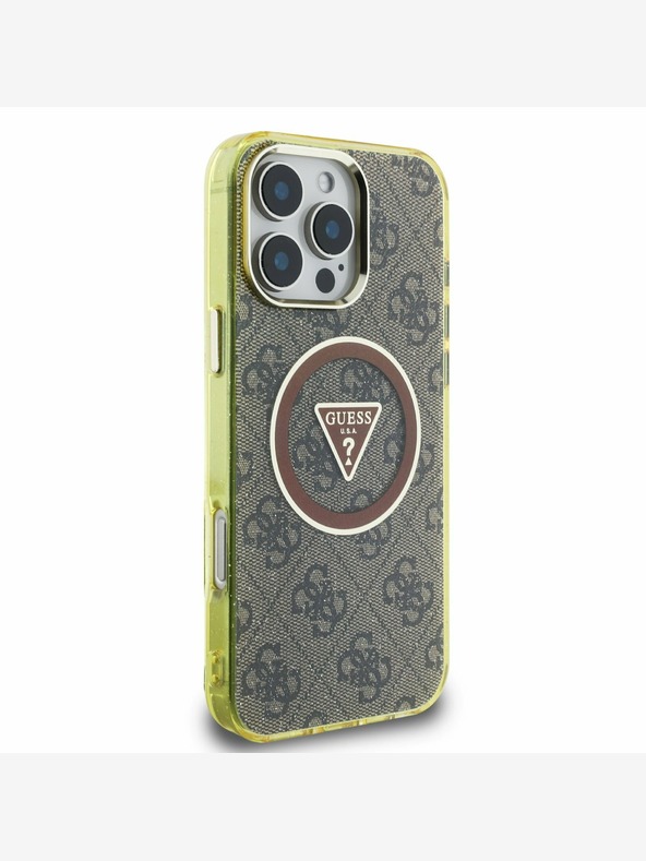 Guess Guess IML 4G Glitter in Triangle Logo MagSafe hrbtni ovitek za iPhone 16 Pro Brown