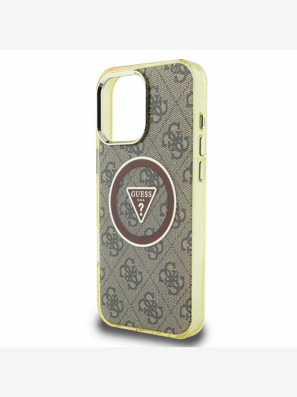 Guess Guess IML 4G Glitter in Triangle Logo MagSafe hrbtni ovitek za iPhone 16 Pro Brown