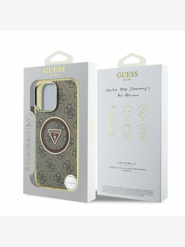 Guess Guess IML 4G Glitter in Triangle Logo MagSafe hrbtni ovitek za iPhone 16 Pro Brown