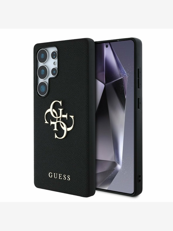 Guess Guess PU zrnat kovinski logotip 4G hrbtni ovitek za Samsung Galaxy S25 Ultra Black