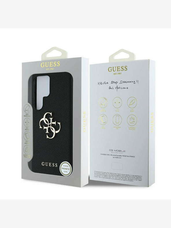 Guess Guess PU zrnat kovinski logotip 4G hrbtni ovitek za Samsung Galaxy S25 Ultra Black