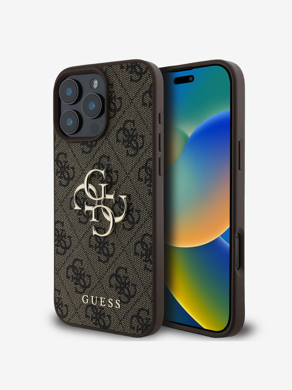 Guess Guess PU 4G kovinski logotip hrbtni ovitek za iPhone 16 Pro rjav