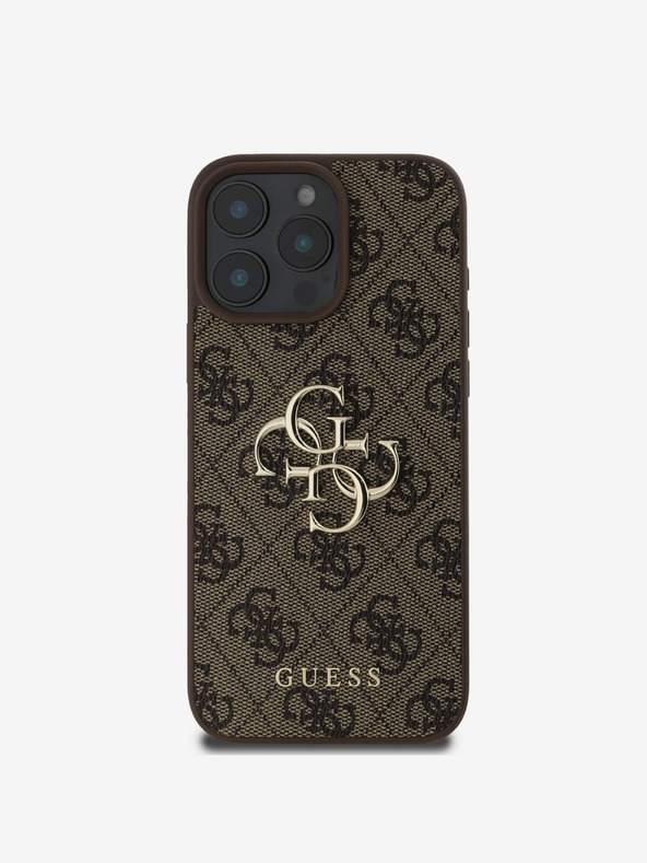 Guess Guess PU 4G kovinski logotip hrbtni ovitek za iPhone 16 Pro rjav