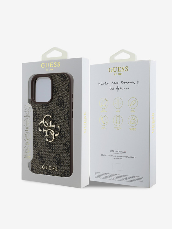 Guess Guess PU 4G kovinski logotip hrbtni ovitek za iPhone 16 Pro rjav
