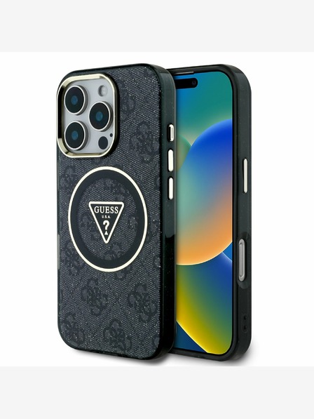 Guess Guess IML 4G Glitter and Triangle Logo MagSafe Back Cover za iPhone 16 Pro Black