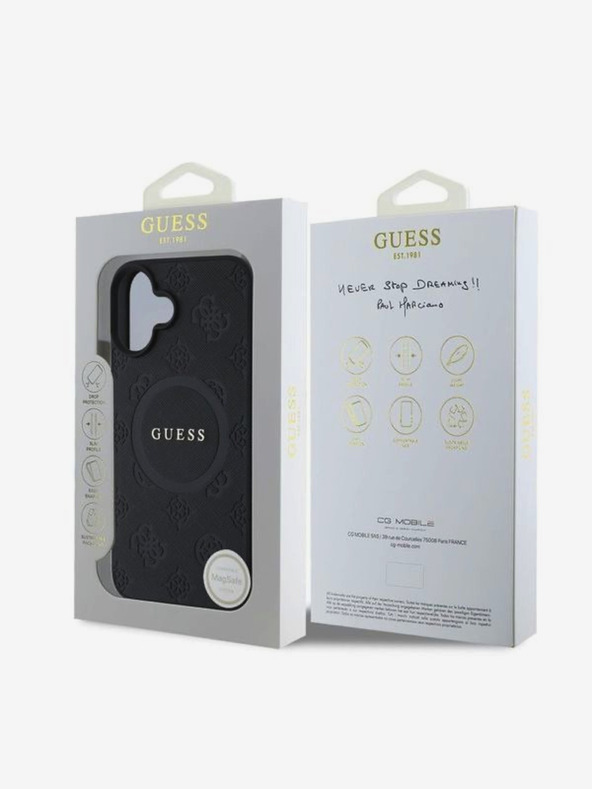 Guess Guess Saffiano Peony Stamp MagSafe hrbtni ovitek za iPhone 16 črn