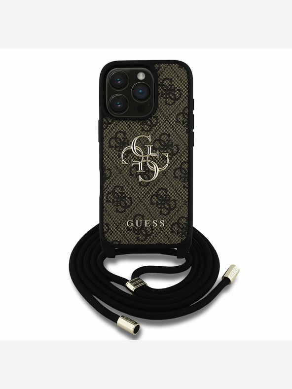 Guess Guess PU 4G Kovinski logotip Crossbody Strap hrbtni ovitek za iPhone 16 Pro Max Brown