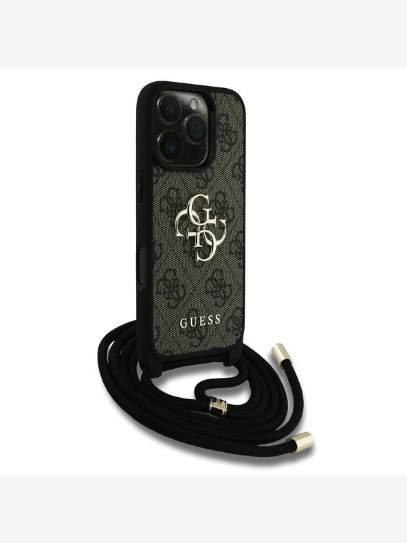 Guess Guess PU 4G Kovinski logotip Crossbody Strap hrbtni ovitek za iPhone 16 Pro Max Brown