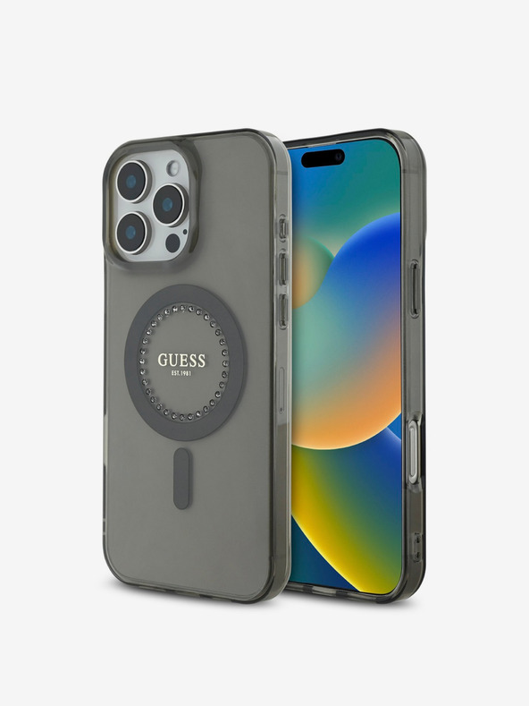Guess Guess IML Ring MagSafe hrbtni ovitek s kamenčki za iPhone 16 Pro Max Black