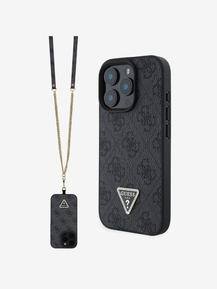 Guess Guess PU 4G Strass Triangle Metal Logo Back Cover + Crossbody Strap za iPhone 16 Pro Black
