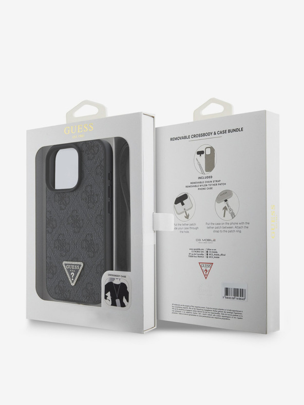 Guess Guess PU 4G Strass Triangle Metal Logo Back Cover + Crossbody Strap za iPhone 16 Pro Black