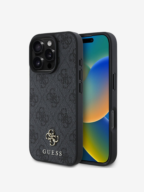 Guess Guess PU 4G majhen kovinski logotip MagSafe hrbtni ovitek za iPhone 16 Pro Max Grey