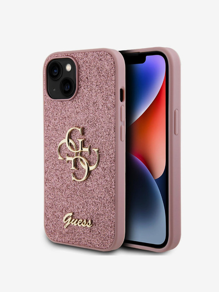 Guess PU Fixed Glitter 4G Metal Logo Zadní Kryt pro iPhone 15 Pink Ovitek za telefon