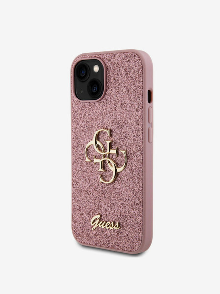 Guess PU Fixed Glitter 4G Metal Logo Zadní Kryt pro iPhone 15 Pink Ovitek za telefon