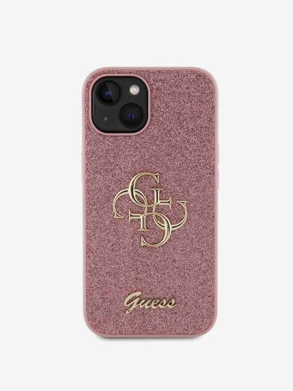 Guess PU Fixed Glitter 4G Metal Logo Zadní Kryt pro iPhone 15 Pink Ovitek za telefon