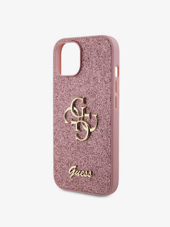 Guess PU Fixed Glitter 4G Metal Logo Zadní Kryt pro iPhone 15 Pink Ovitek za telefon