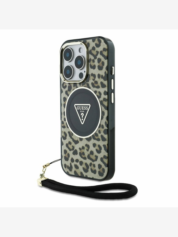 Guess Guess IML Leopard Triangle Logo Strap MagSafe hrbtni ovitek za iPhone 16 Pro Max Brown
