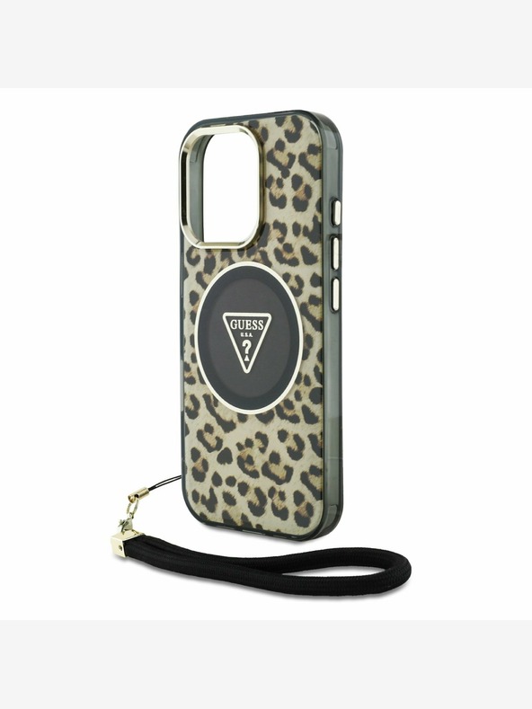 Guess Guess IML Leopard Triangle Logo Strap MagSafe hrbtni ovitek za iPhone 16 Pro Max Brown
