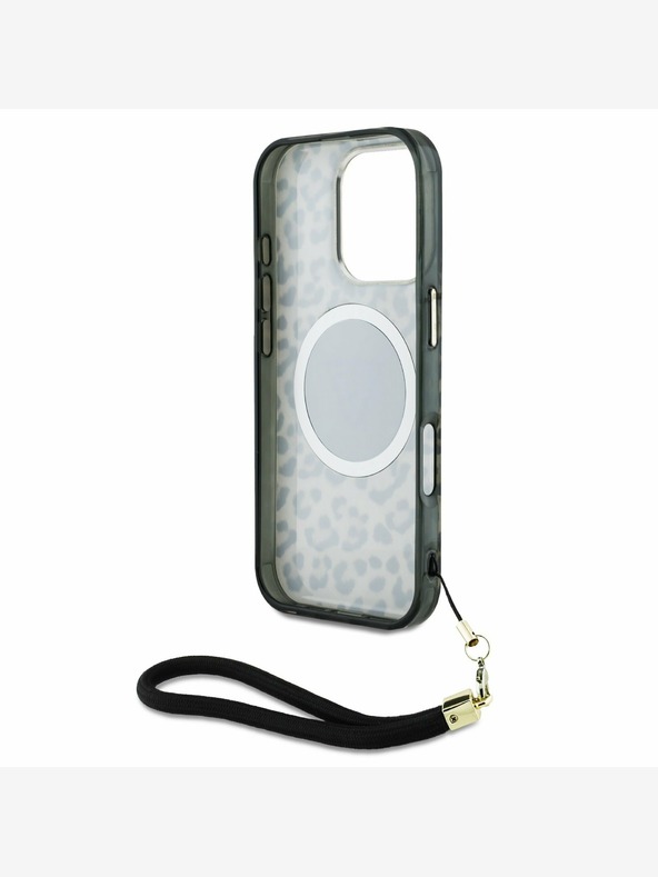 Guess Guess IML Leopard Triangle Logo Strap MagSafe hrbtni ovitek za iPhone 16 Pro Max Brown