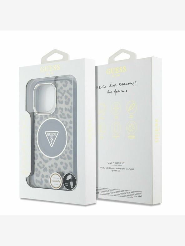 Guess Guess IML Leopard Triangle Logo Strap MagSafe hrbtni ovitek za iPhone 16 Pro Max Brown