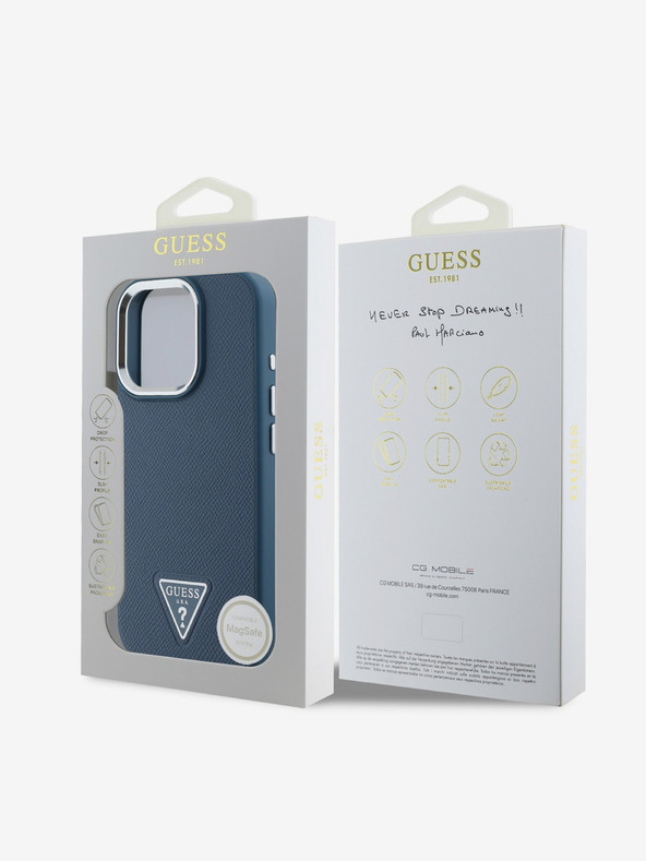 Guess Guess PU zrnat trikotni zadnji ovitek z logotipom za iPhone 16 Pro modri