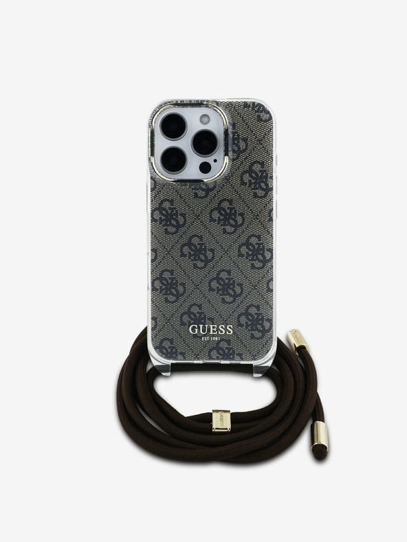 Guess Guess IML 4G hrbtni ovitek z natisnjenim pasom za križ za iPhone 16 Pro rjav