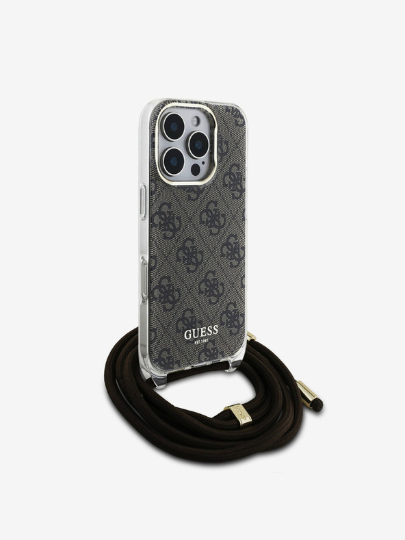 Guess Guess IML 4G hrbtni ovitek z natisnjenim pasom za križ za iPhone 16 Pro rjav