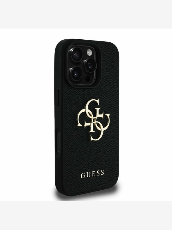 Guess Guess PU Grained 4G Metal Logo hrbtni ovitek za iPhone 16 Pro Black
