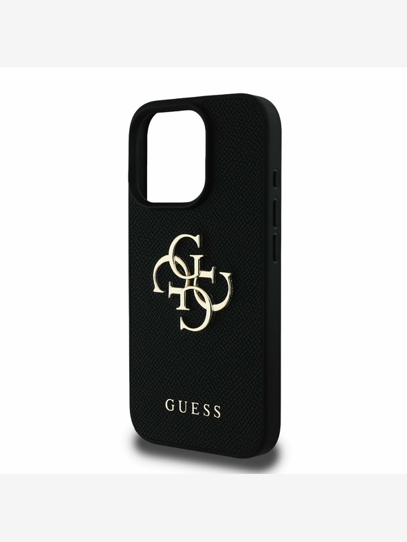 Guess Guess PU Grained 4G Metal Logo hrbtni ovitek za iPhone 16 Pro Black