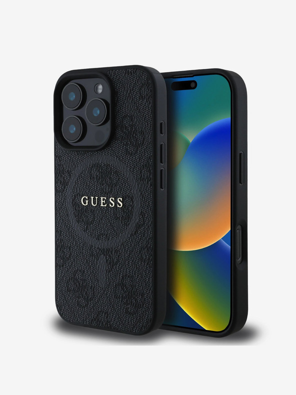Guess PU Leather 4G Colored Ring MagSafe Zadní Kryt pro iPhone 16 Pro Black Ovitek za telefon