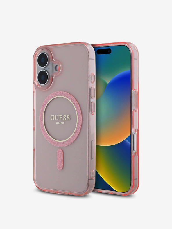 Guess Guess IML Glitter Ring MagSafe hrbtni ovitek za iPhone 16 Pink