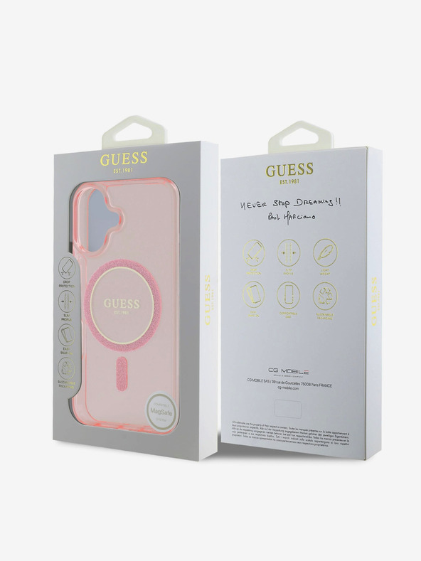 Guess Guess IML Glitter Ring MagSafe hrbtni ovitek za iPhone 16 Pink