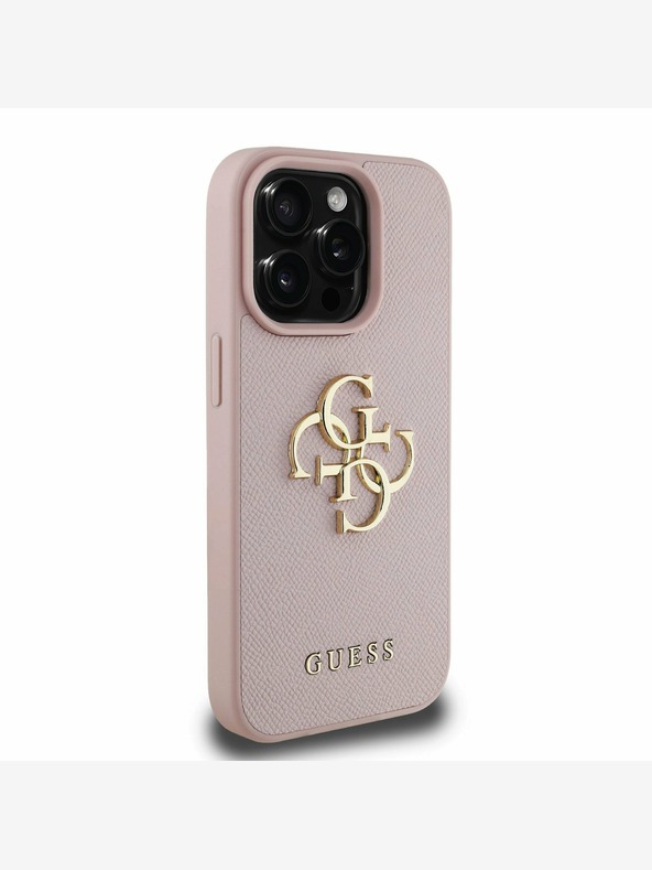 Guess Guess PU zrnat 4G kovinski zadnji ovitek z logotipom za iPhone 15 Pro Pink