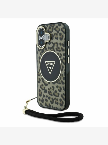 Guess Guess IML Leopard Triangle Logo Strap MagSafe hrbtni ovitek za iPhone 16 Brown