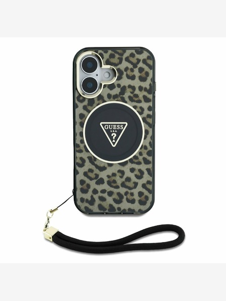 Guess Guess IML Leopard Triangle Logo Strap MagSafe hrbtni ovitek za iPhone 16 Brown