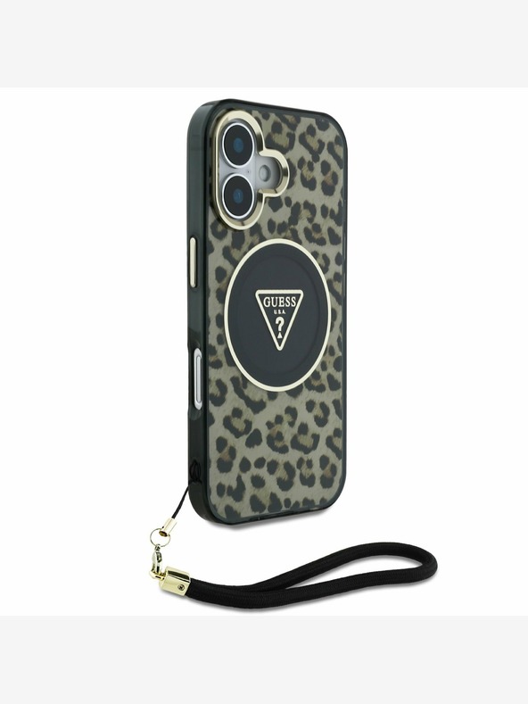 Guess Guess IML Leopard Triangle Logo Strap MagSafe hrbtni ovitek za iPhone 16 Brown