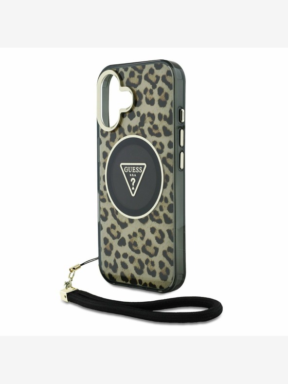 Guess Guess IML Leopard Triangle Logo Strap MagSafe hrbtni ovitek za iPhone 16 Brown