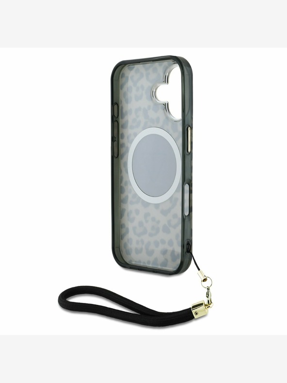 Guess Guess IML Leopard Triangle Logo Strap MagSafe hrbtni ovitek za iPhone 16 Brown