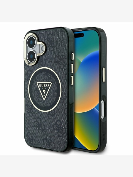 Guess Guess IML 4G bleščice in trikotni logotip MagSafe hrbtni ovitek za iPhone 16 črn