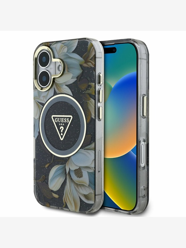 Guess Guess IML Glitter Magnolia in Triangle Logo MagSafe hrbtni ovitek za iPhone 16 Black